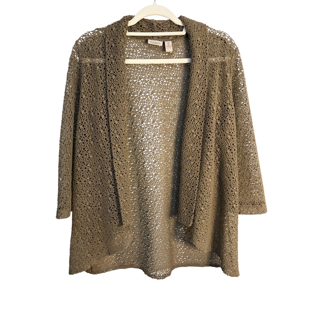 Easywear by Chico's Women Size 0 Olive Taupe Crochet Knit Open Front Cardigan